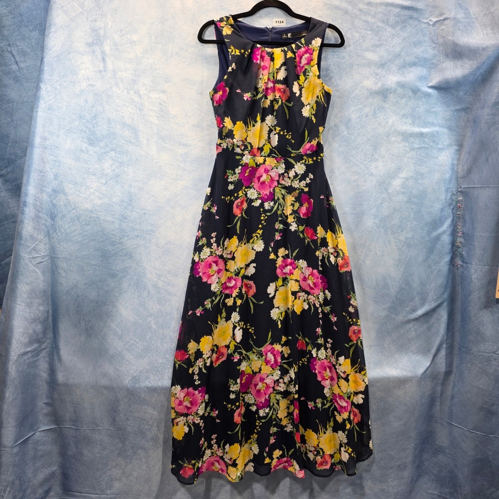 Leslie Fay Womens Navy Blue Floral Pleated Neck Maxi Dress with Belt Size 4